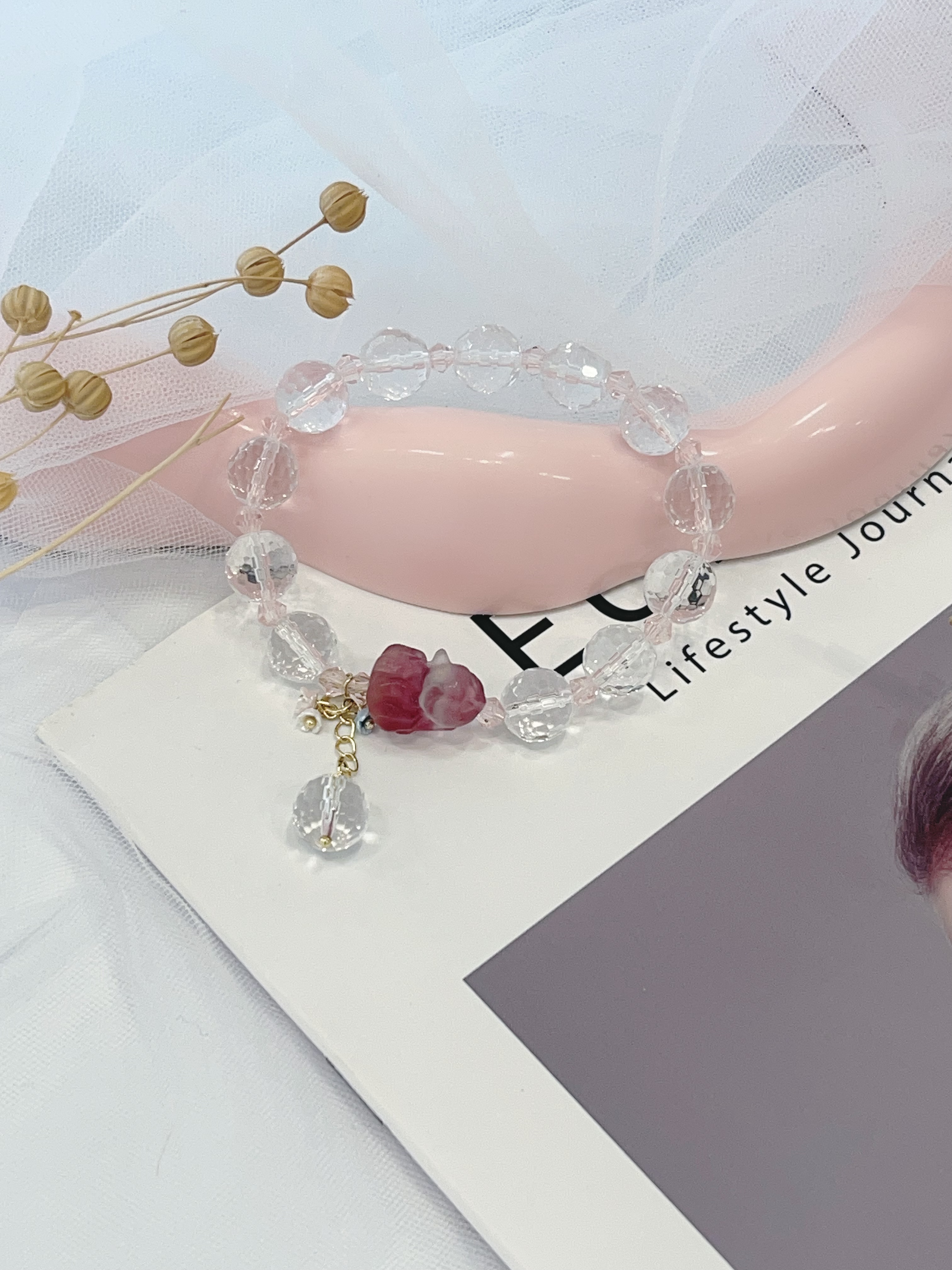 🦊 萤石小狐 × 白水晶手串 Fluorite Fox & Cut Clear Quartz｜10mm