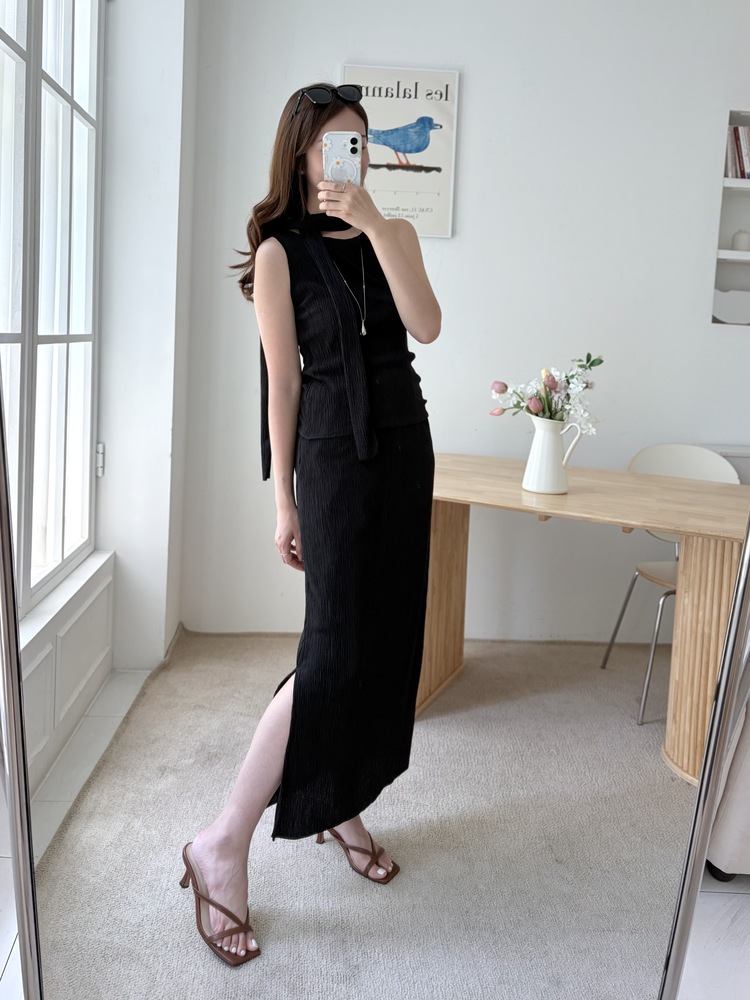 Summer Pleated Scarf Set (Black)