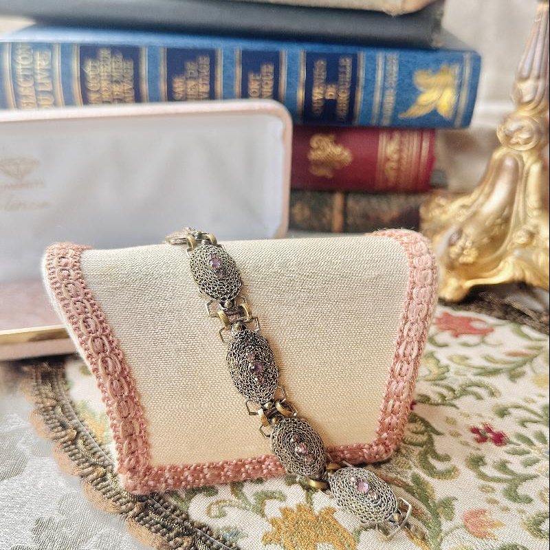 Antique Early 1900s Filigree Purple Glass Stone Bracelet - 6.5" (NZ096)