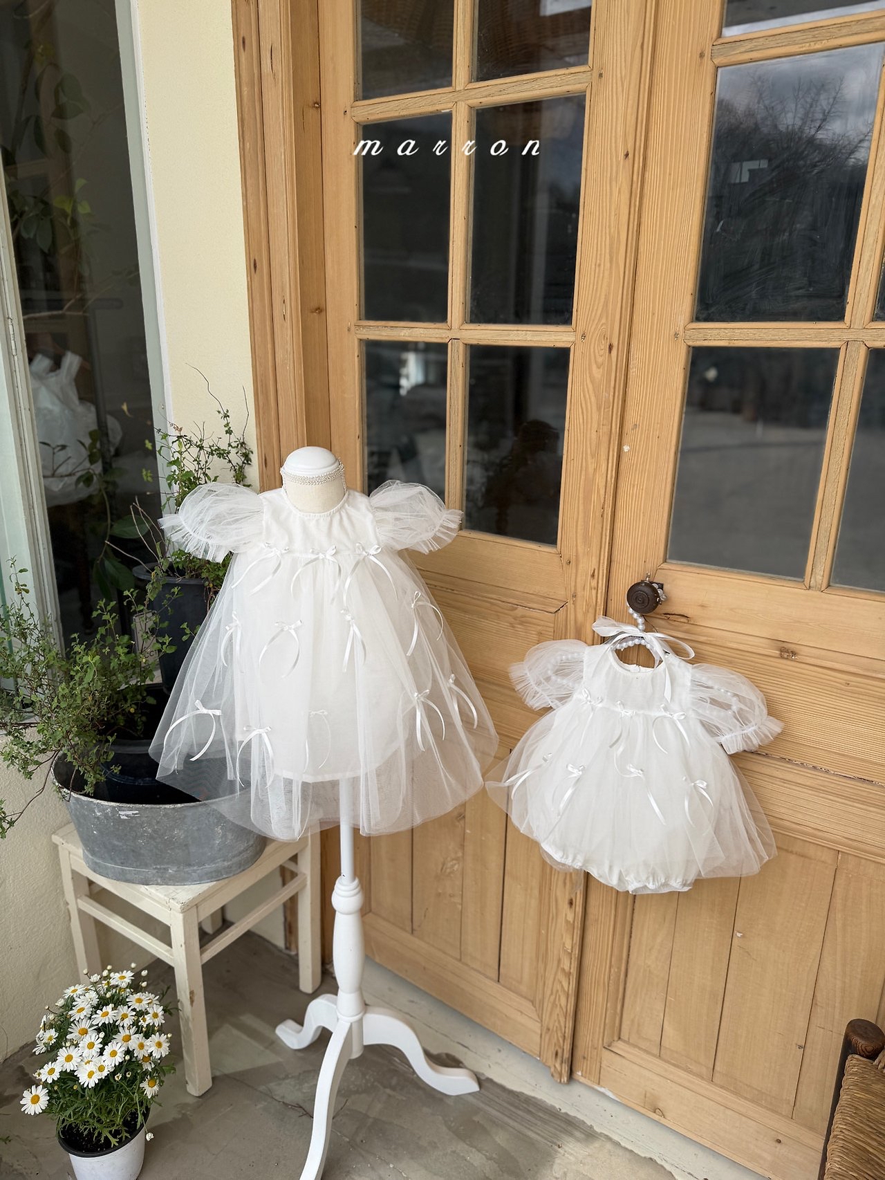 ☀️預訂 韓國直送☀️🇰🇷Marron兩色絲帶薄紗泡泡袖連身裙