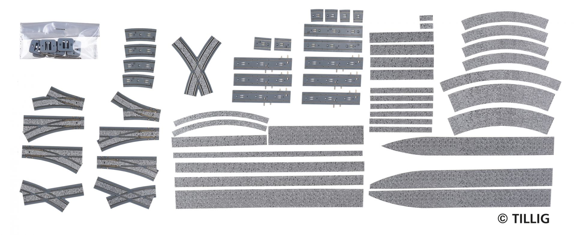 Tillig LUNA HO-scale 城市輕軌電車路軌T 型交叉路口 1:87 T-crossing set paving-stones 馬路路軌•城市輕軌•電車路軌
