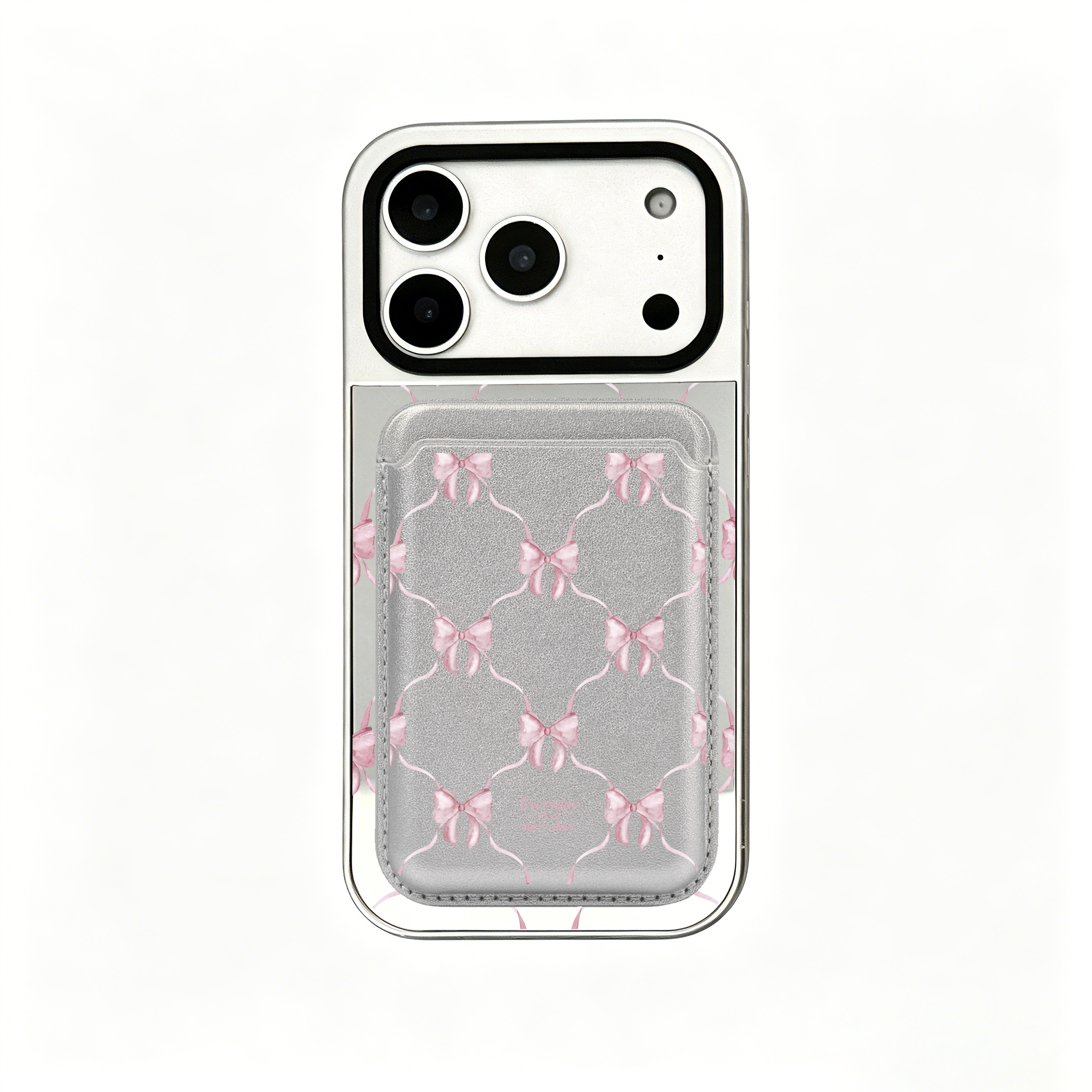 【Darling Dusk Ribbon Bows #PINK】銀框鏡面面MagSafe iPhone Case＋MagSafe卡套