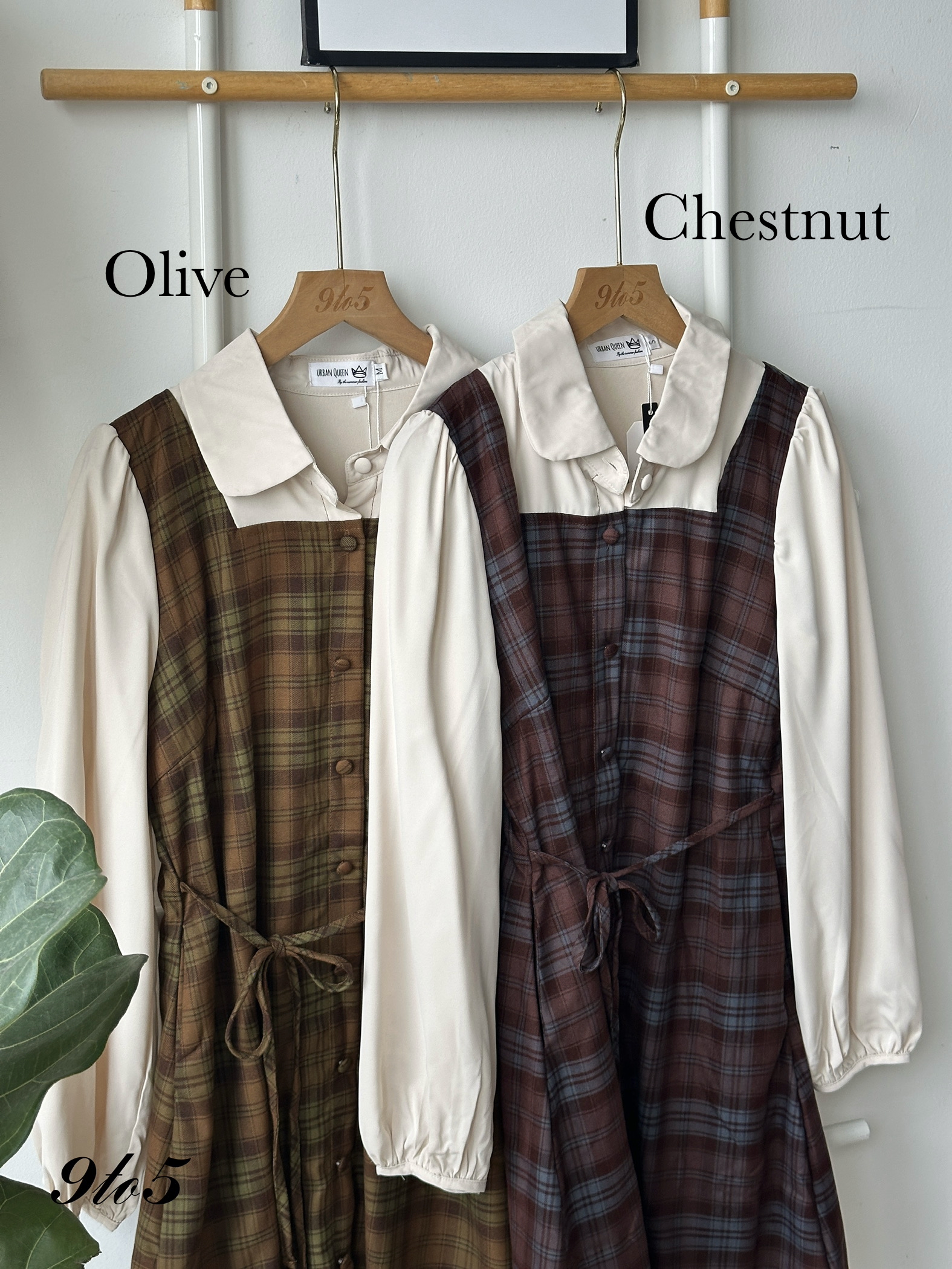 D2340 Fake Two-Piece Checker Dress - Chesnut & Olive