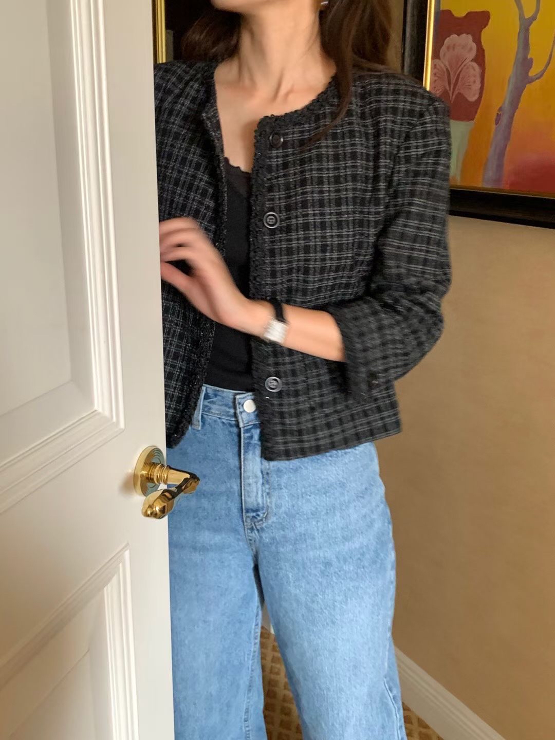 Checked mid-sleeve jacket