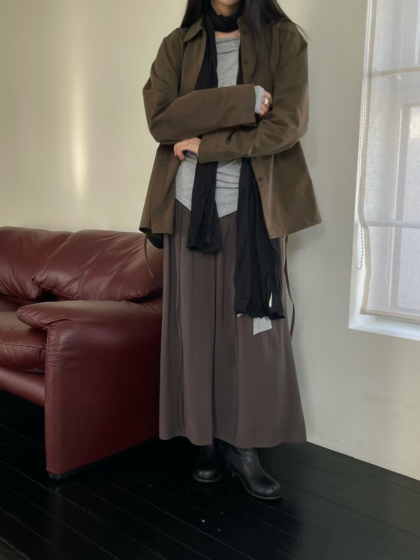 MILAE 腰間抽繩麂皮絨襯衫外套