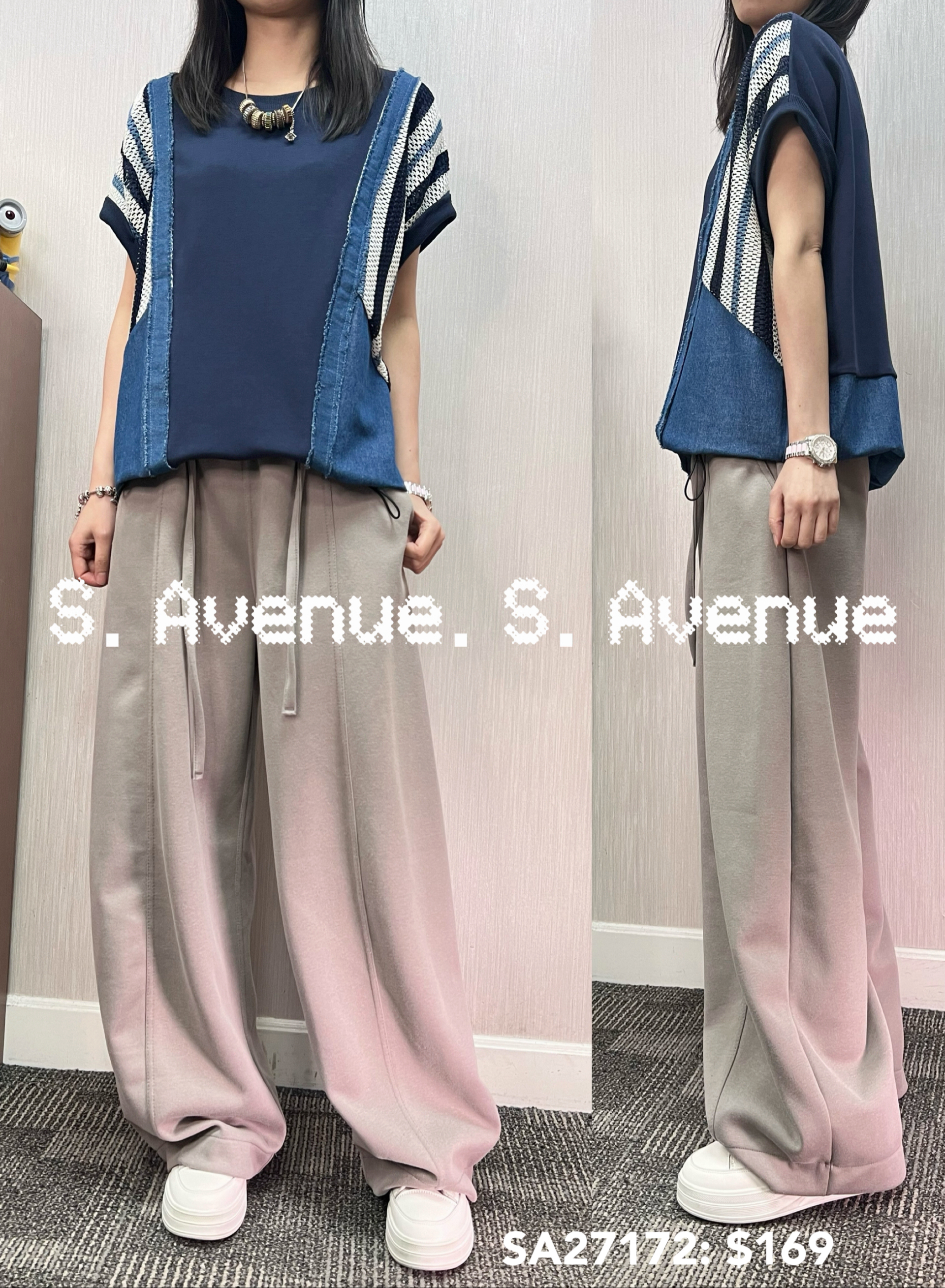 SA27172: 短袖側拼牛仔顯瘦束腳tee