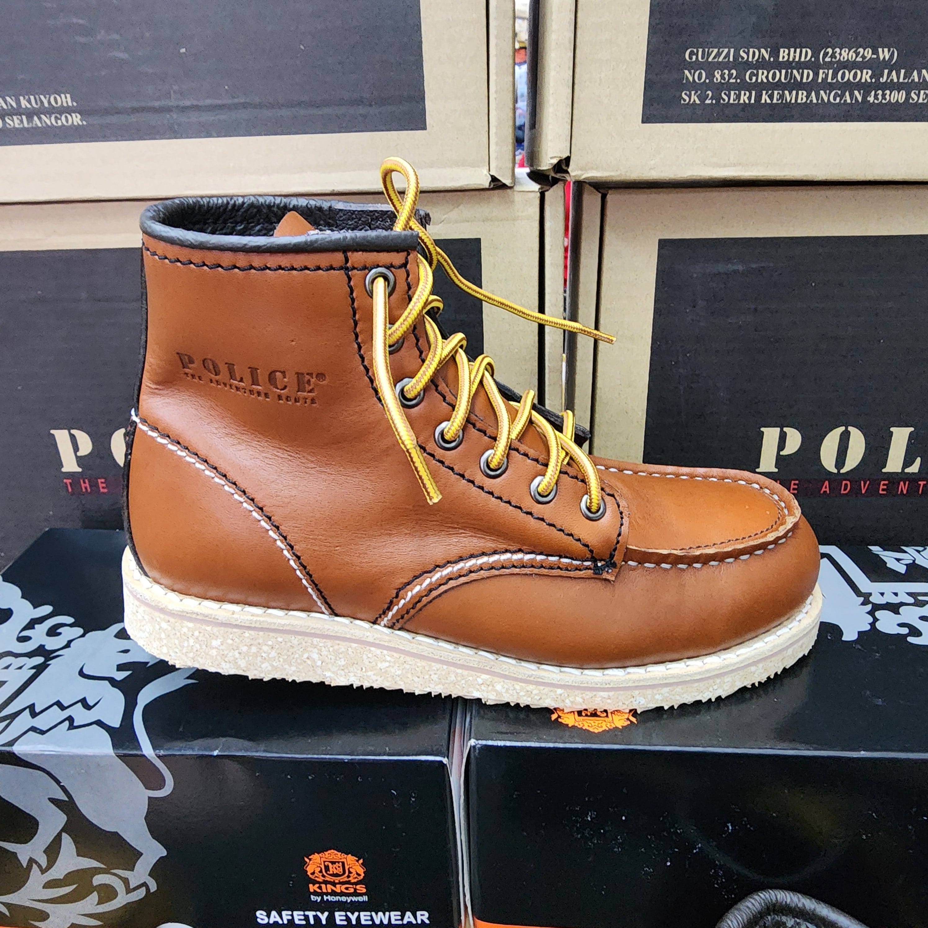 Original Brand Police 91594 Leather Laces Up Safety Boots Brown Light Maroon Dark brown Anti Slip sole Shoe Steel Toe Rubber Outsole 