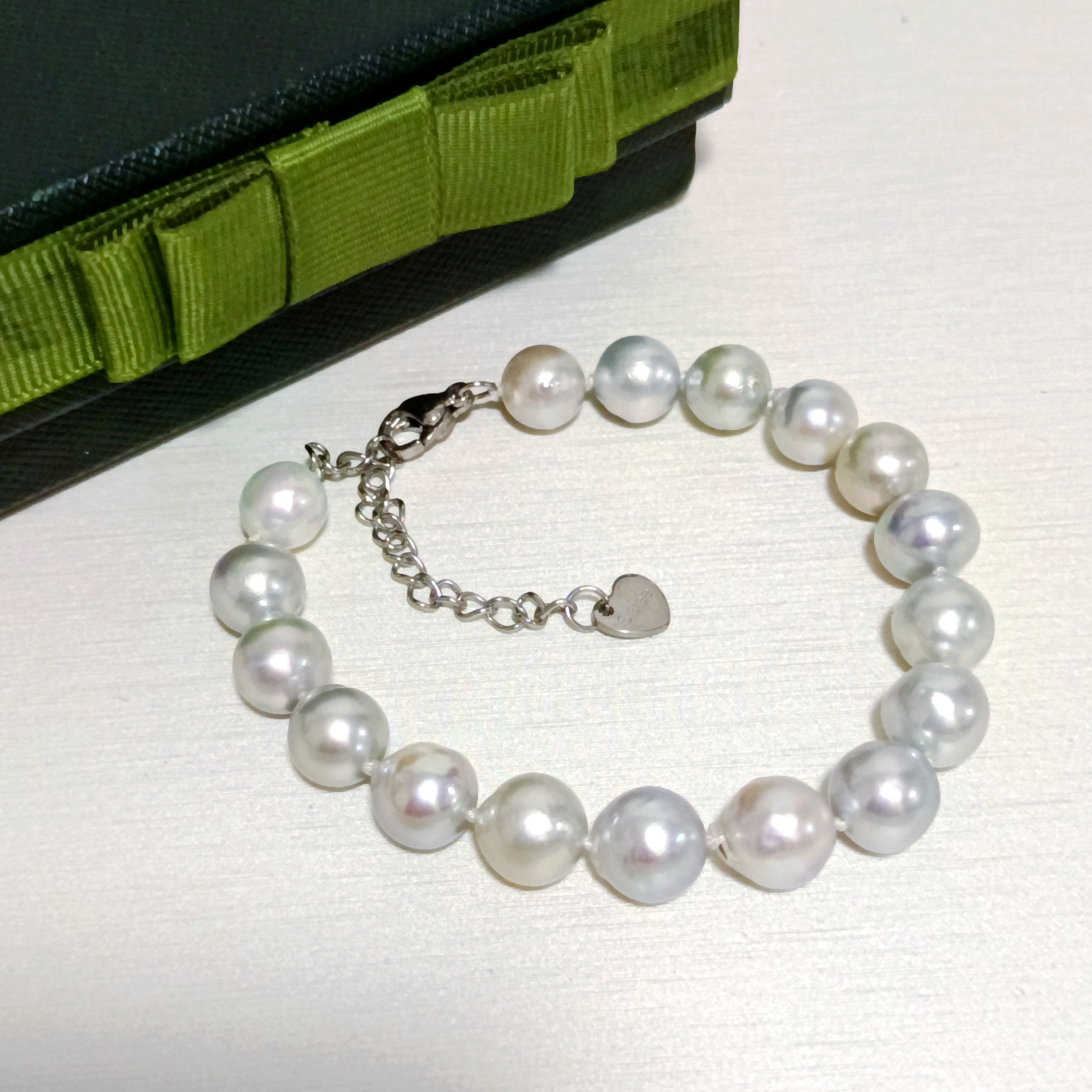 特價品‼️近正圓強光日本淺銀灰藍色真多麻海水珍珠不鏽鋼尾鍊扣手鍊