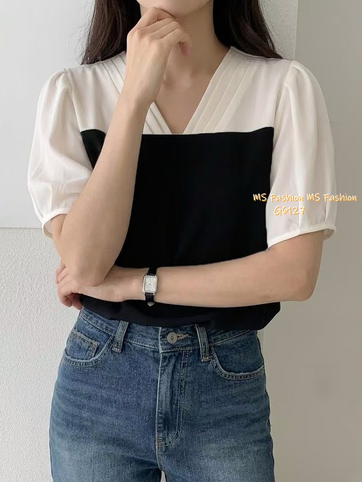 G6127 韓國🇰🇷靚料V領拼色top