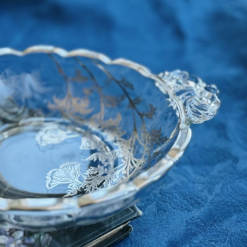 Vintage C.a. 1960s Silver Overlay Floral Pattern Glass Bowl with Scrollwork Handles (MT2013)