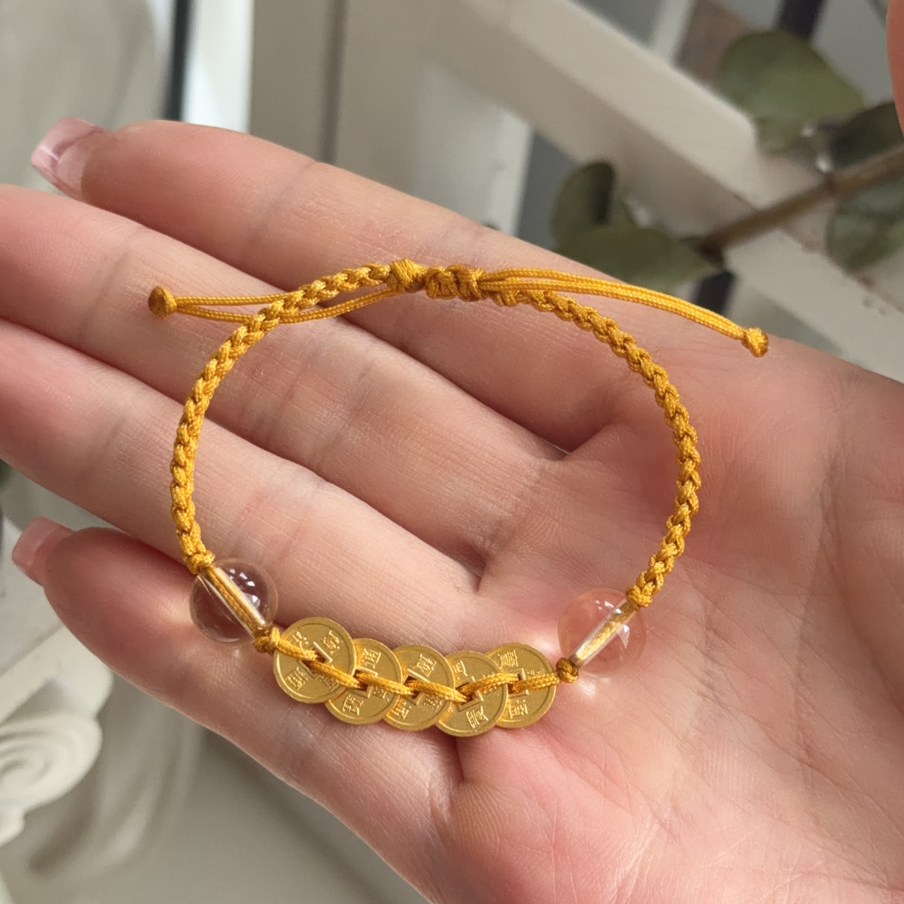 999足金五帝幣+8mm白水晶襯手绳（實心版）