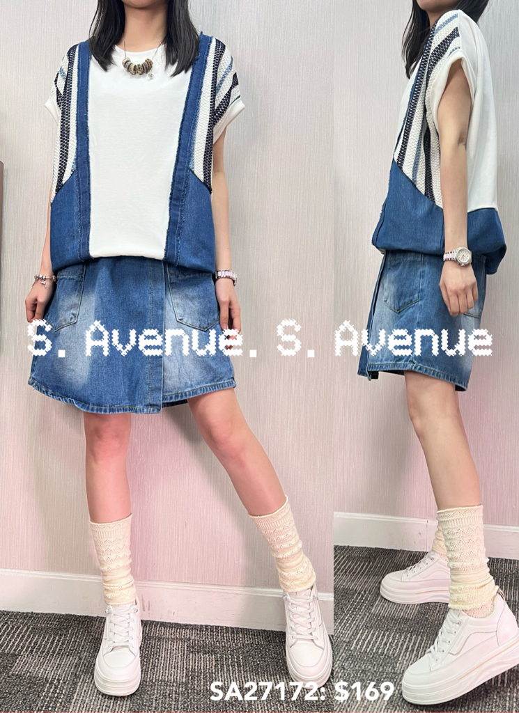 SA27172: 短袖側拼牛仔顯瘦束腳tee