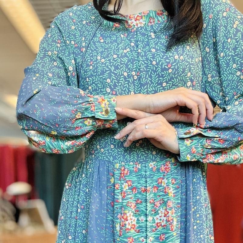 Vintage Square Neckline Spring Floral Front Pleat Chiffon Dress (MT2260-24)