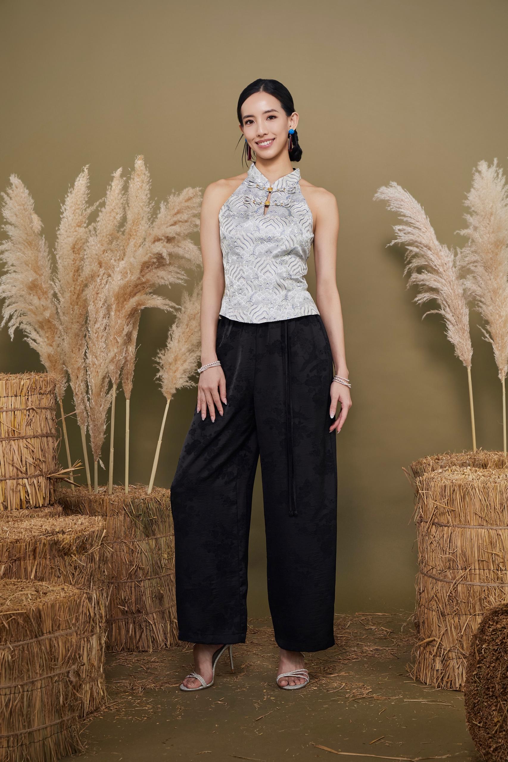 CB2790 Oriental Brocade Halter Peplum Top