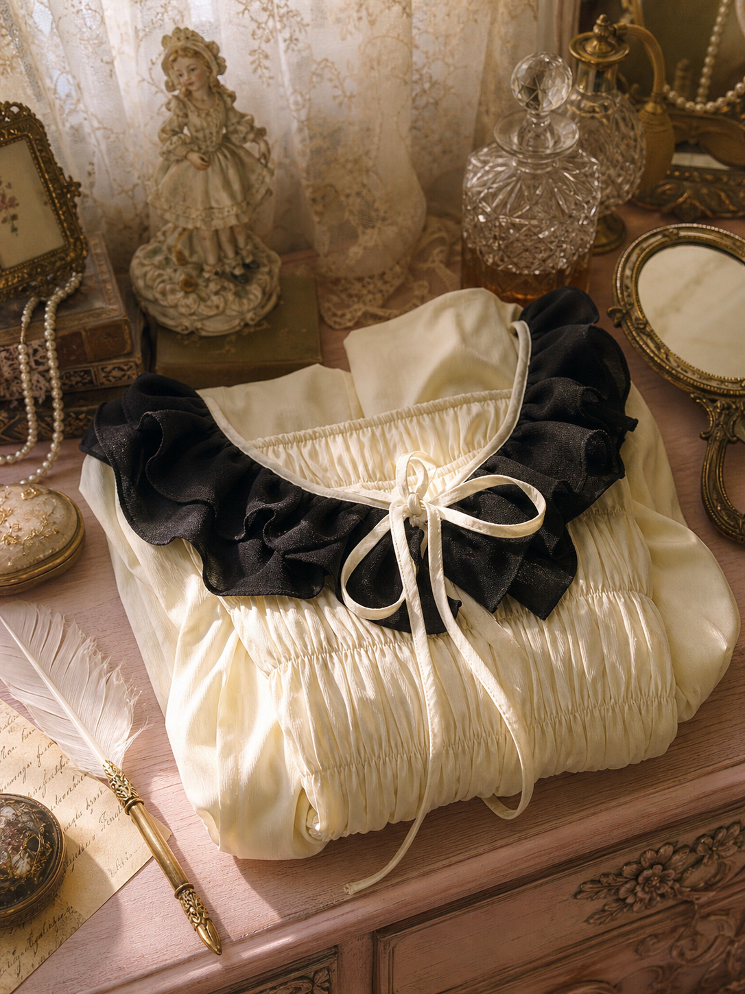 天鵝湖的古典詠嘆 ∙ 黑白撞色荷葉邊腰身宮廷風襯衫  Swan Lake's Classical Aria ∙ Black & White Contrast Ruffle Smocked Blouse