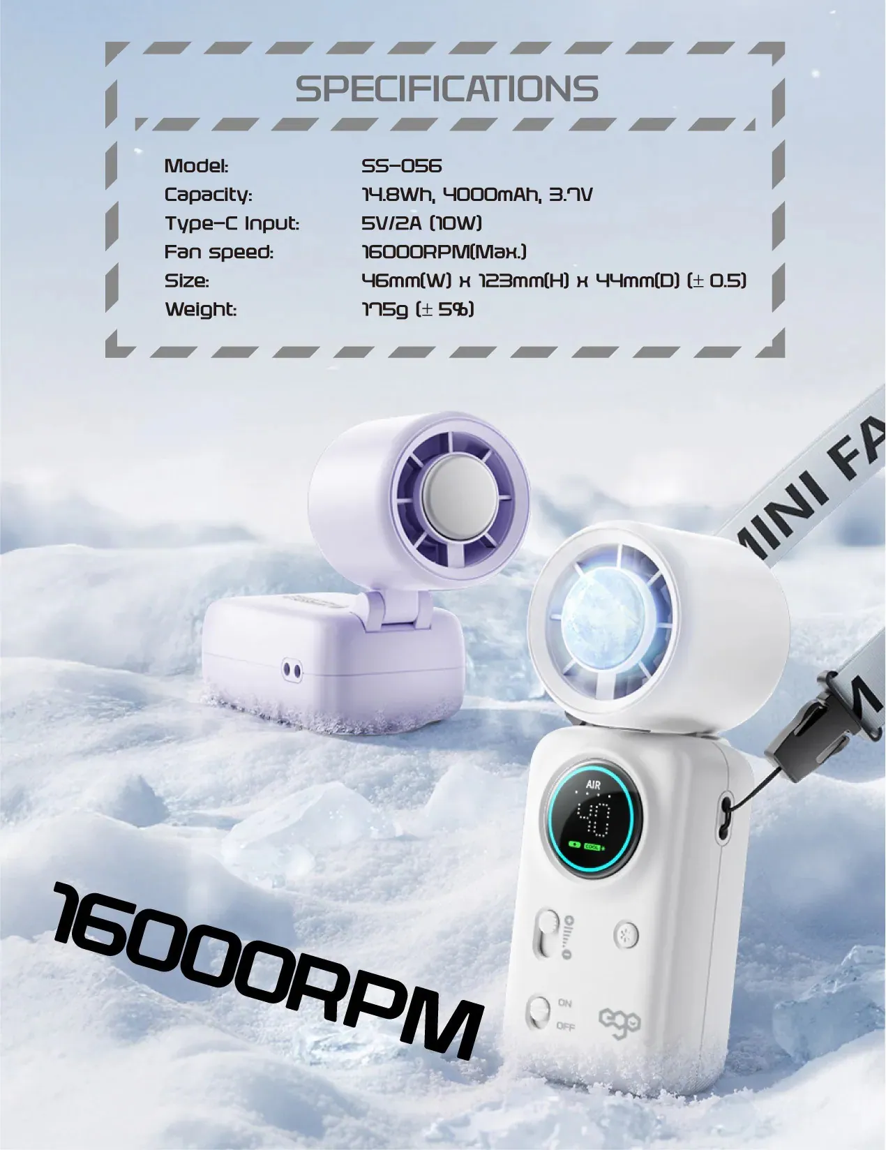 香港行貨 一年保養 ego HyFreeze2 Mini 迷你製冷風 16小時長氣 / 1.6萬轉風壓 / 動態LED顯示 / 可調角度 / 無極調整風速