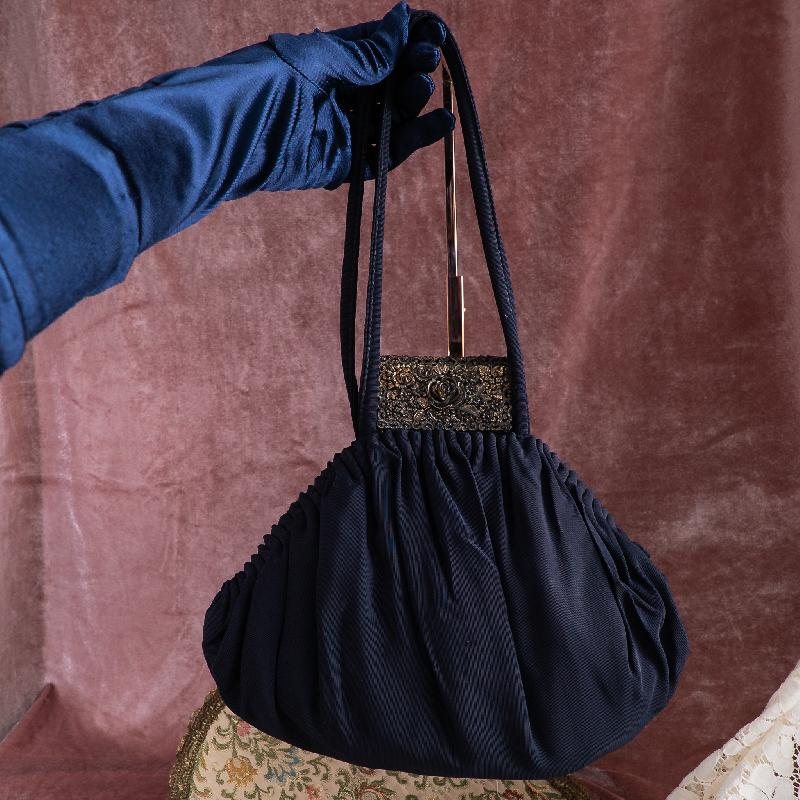 Rare! C.a. 1930-1940s Suzanne Rose Embellished Hand Sewn Zipped Blue Fabric Purse Bag from America with Apricot Lining(ZA193)