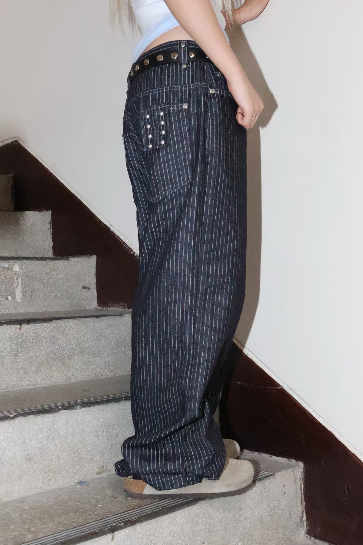 Studded Stripe Wide Denim Pants