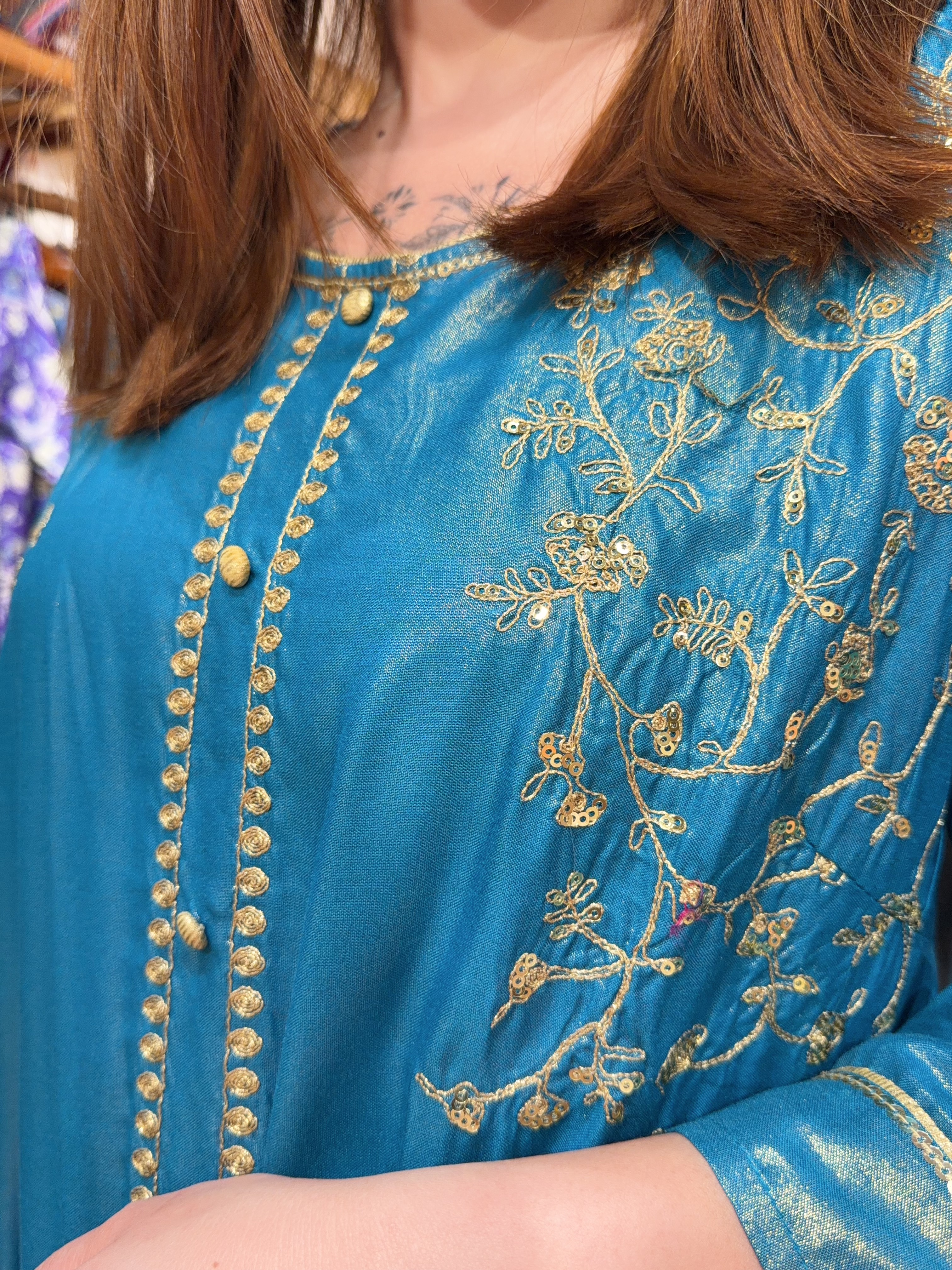 2216 Silky Blue with Golden Emb. Kurta