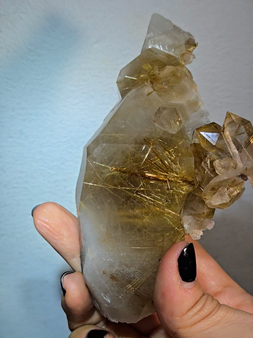 Golden titanium rutiles on black hematite in quartz cluster - RT1443