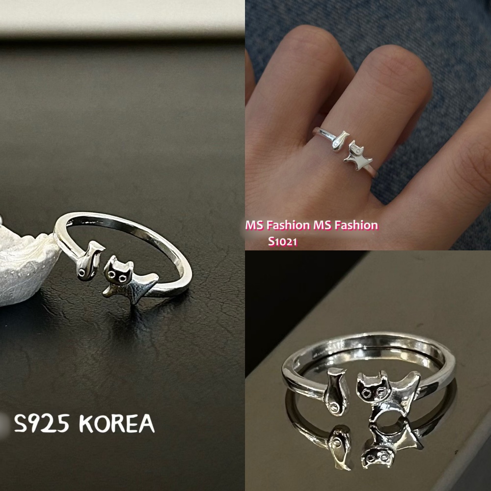 S1021 韓國🇰🇷S925純銀小貓吃魚開口戒指