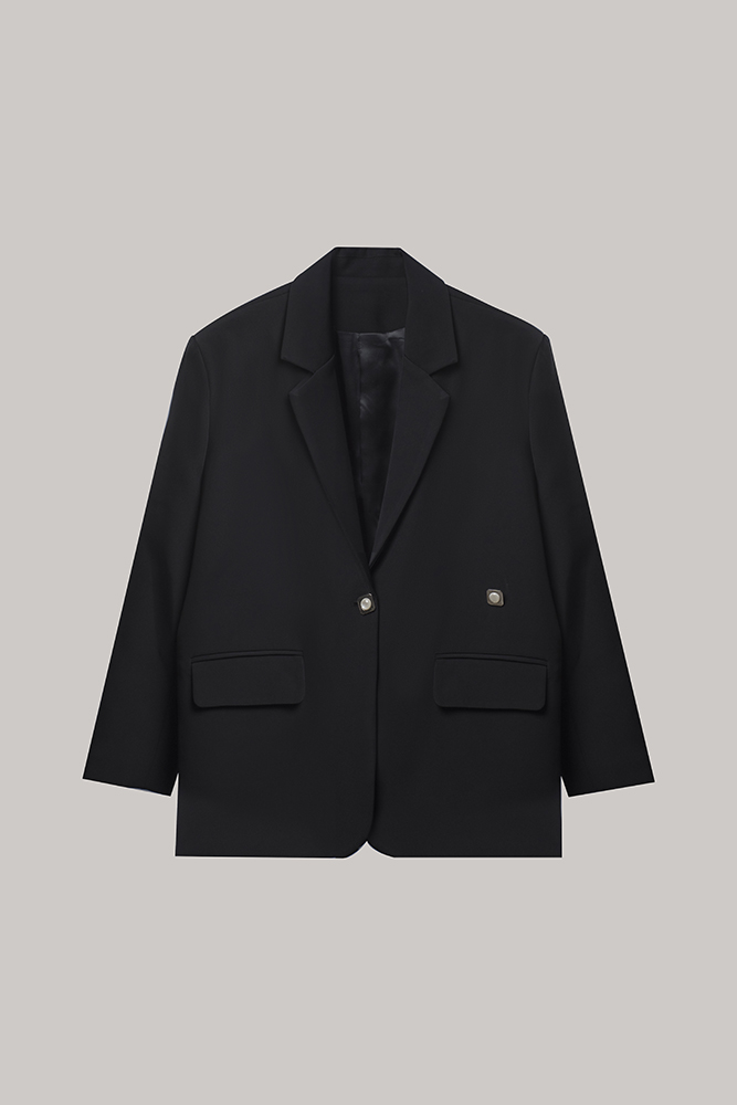 Black Minimalist Tailored Blazer with Statement Button Detail