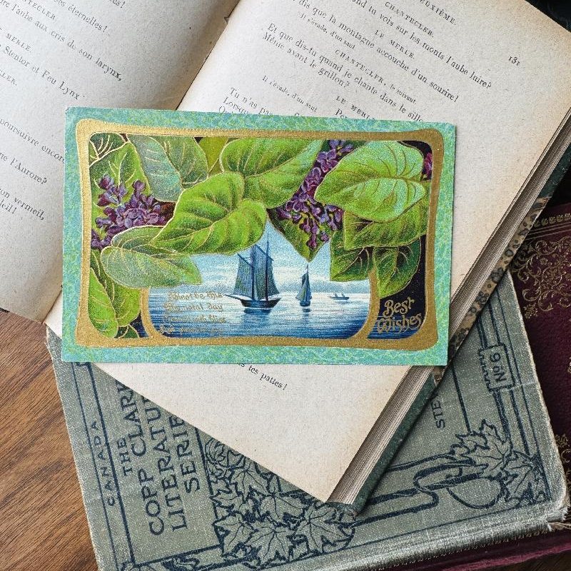 Antique Early 1900s Printed in Germany Sailing Boat and Forget Me Not Best Wishes Postcard - Embossed with Golden Outline(MT2305-7)