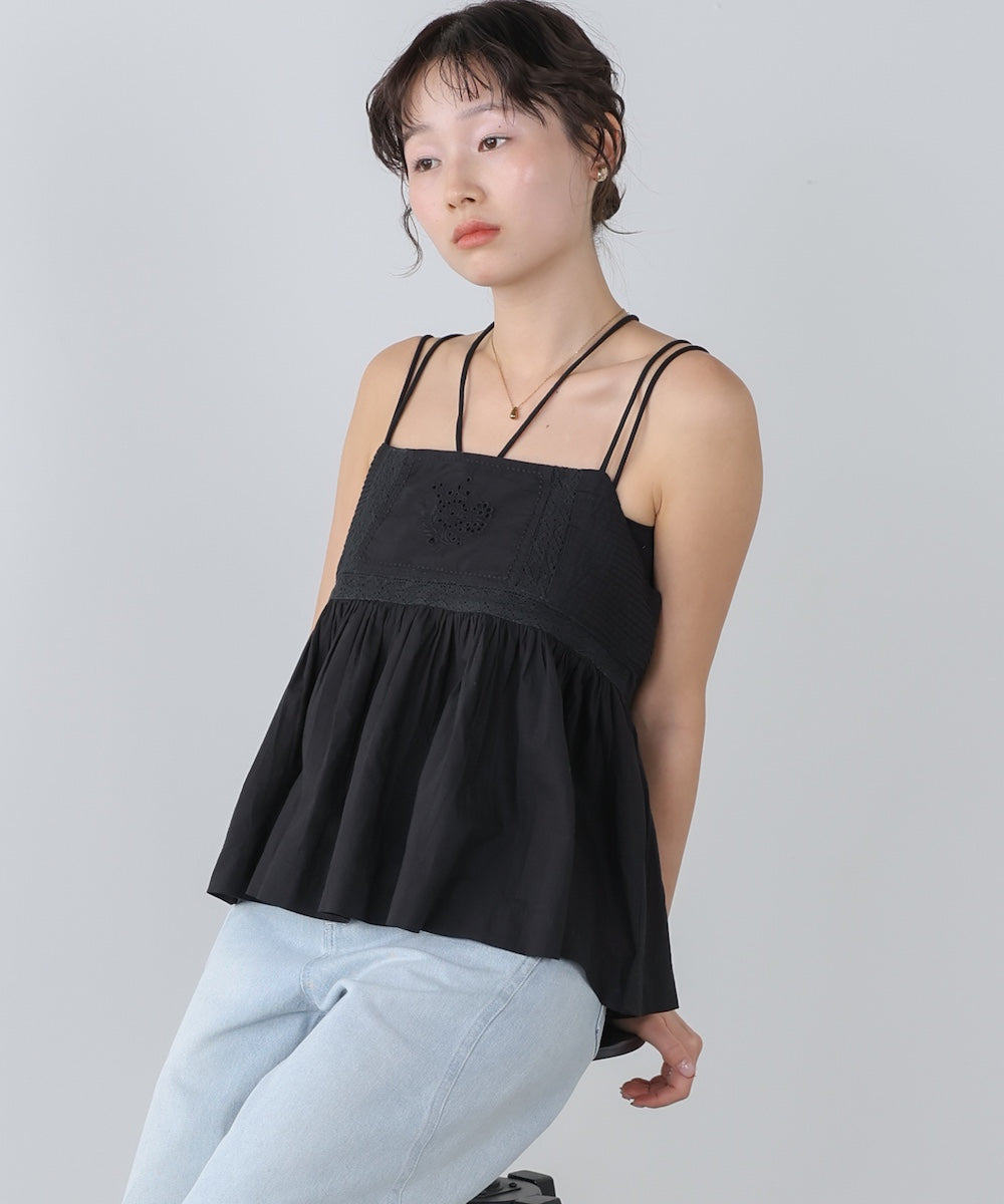 <JP> 細肩刺繡蕾絲傘擺Top* 3色入 <預購>