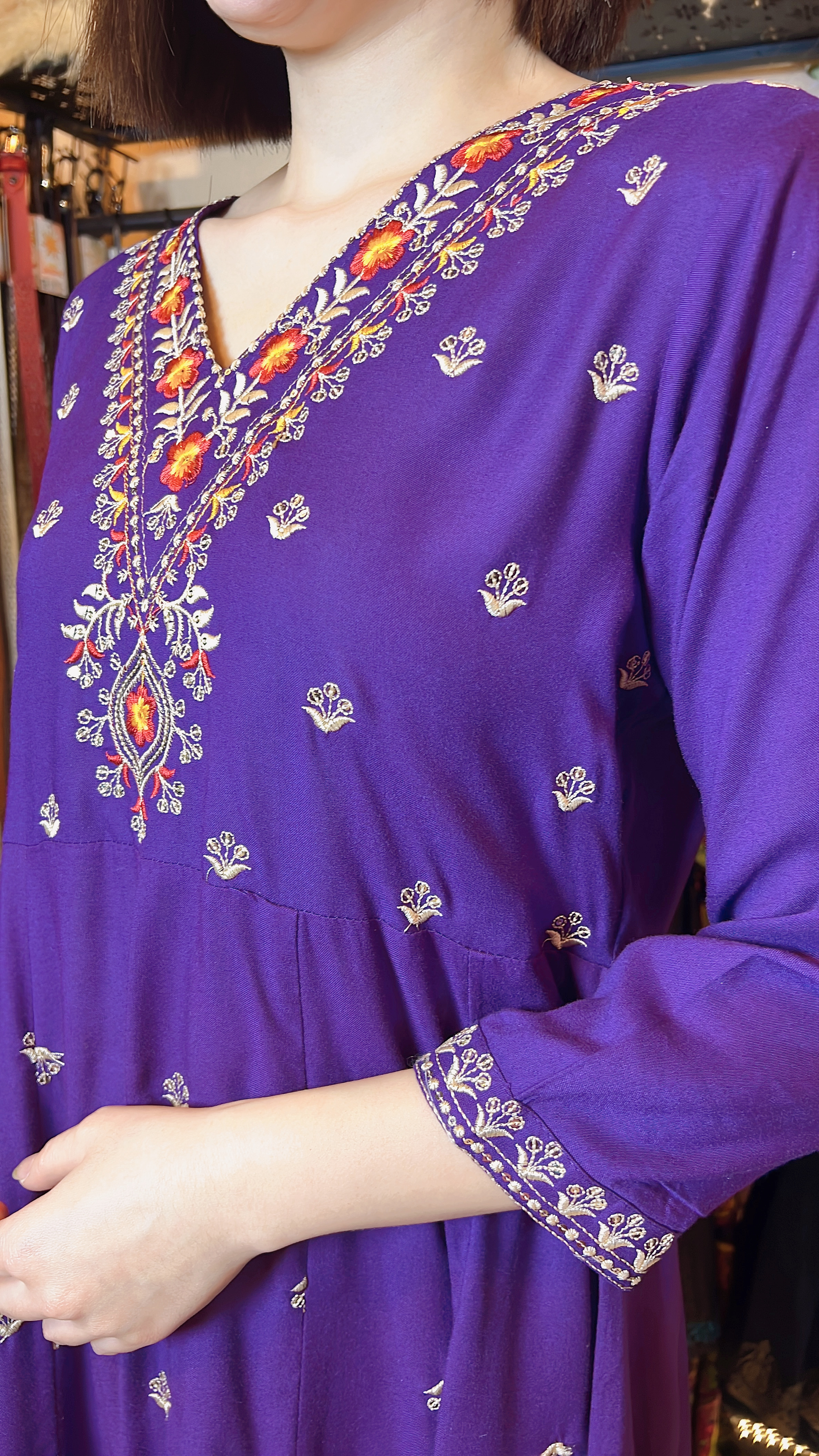 Purple Emb Big V Neck Cotton OP 46" #1051