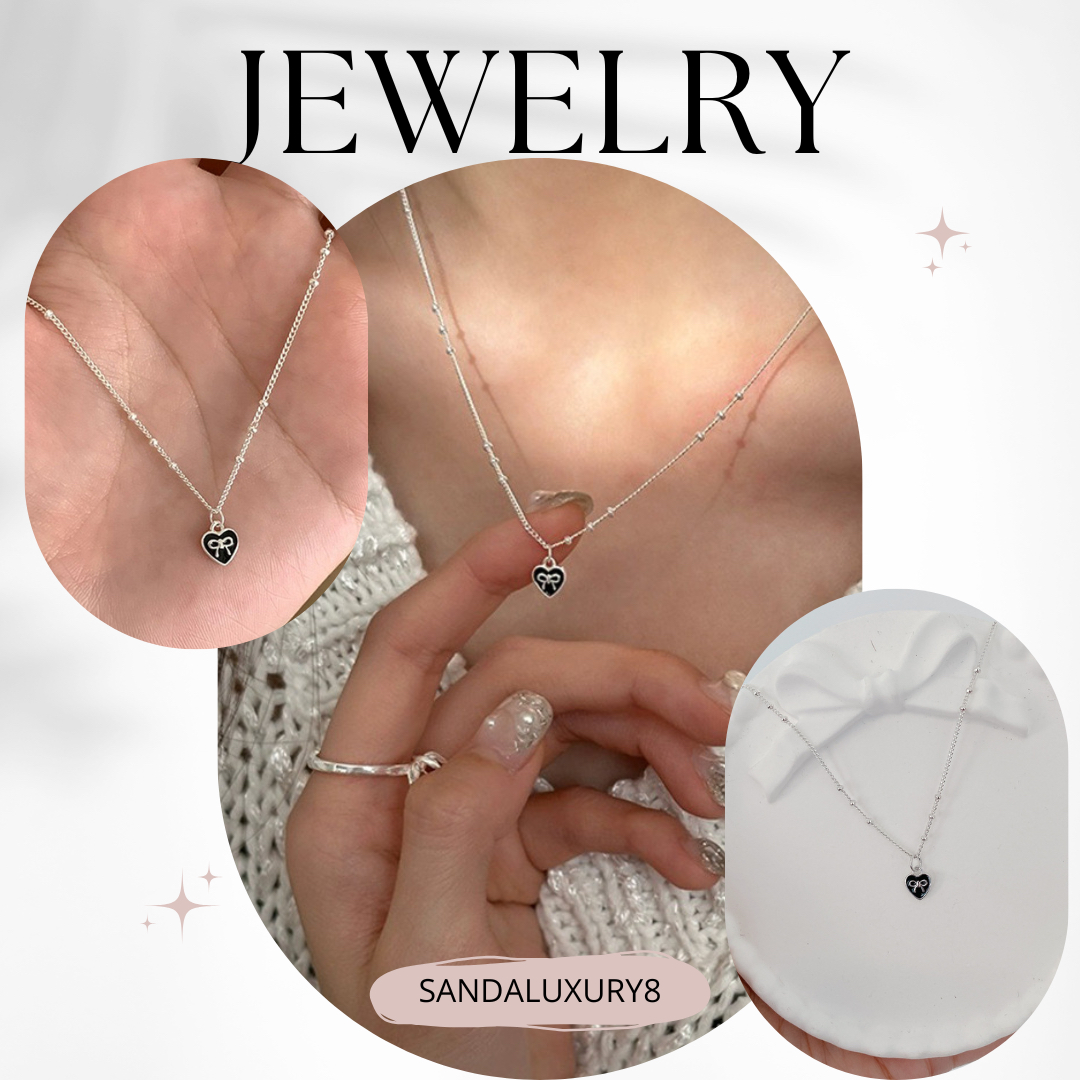 Silver chain necklace with black heart pendant  jewelry collection  SANDALUXURY8