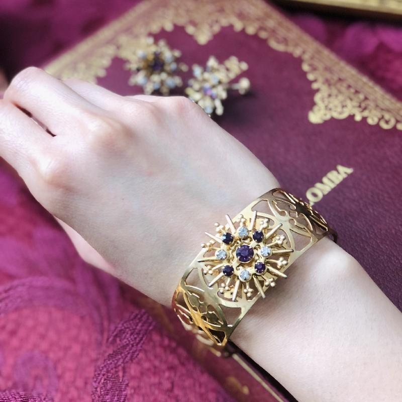 Vintage Signed P&F Victorian Inspired Style Amethyst Rhinestone Cuff Bracelet & Screwback Earrings (MT624)