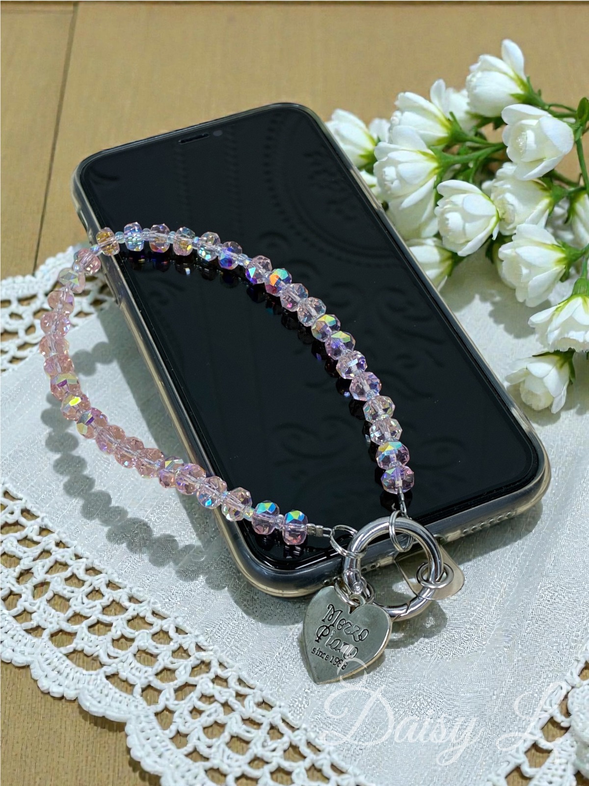 甜美粉色水晶手機掛繩