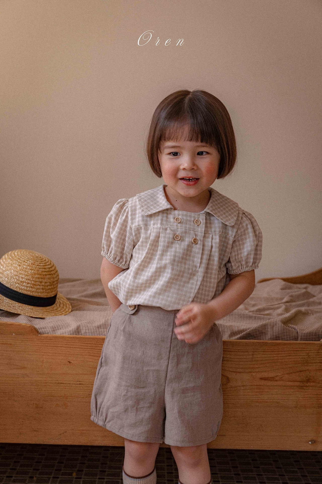 ☀️預訂 韓國直送☀️🇰🇷Oren 雙排鈕扣格紋翻領短袖包屁衣/連身裙/上下套裝