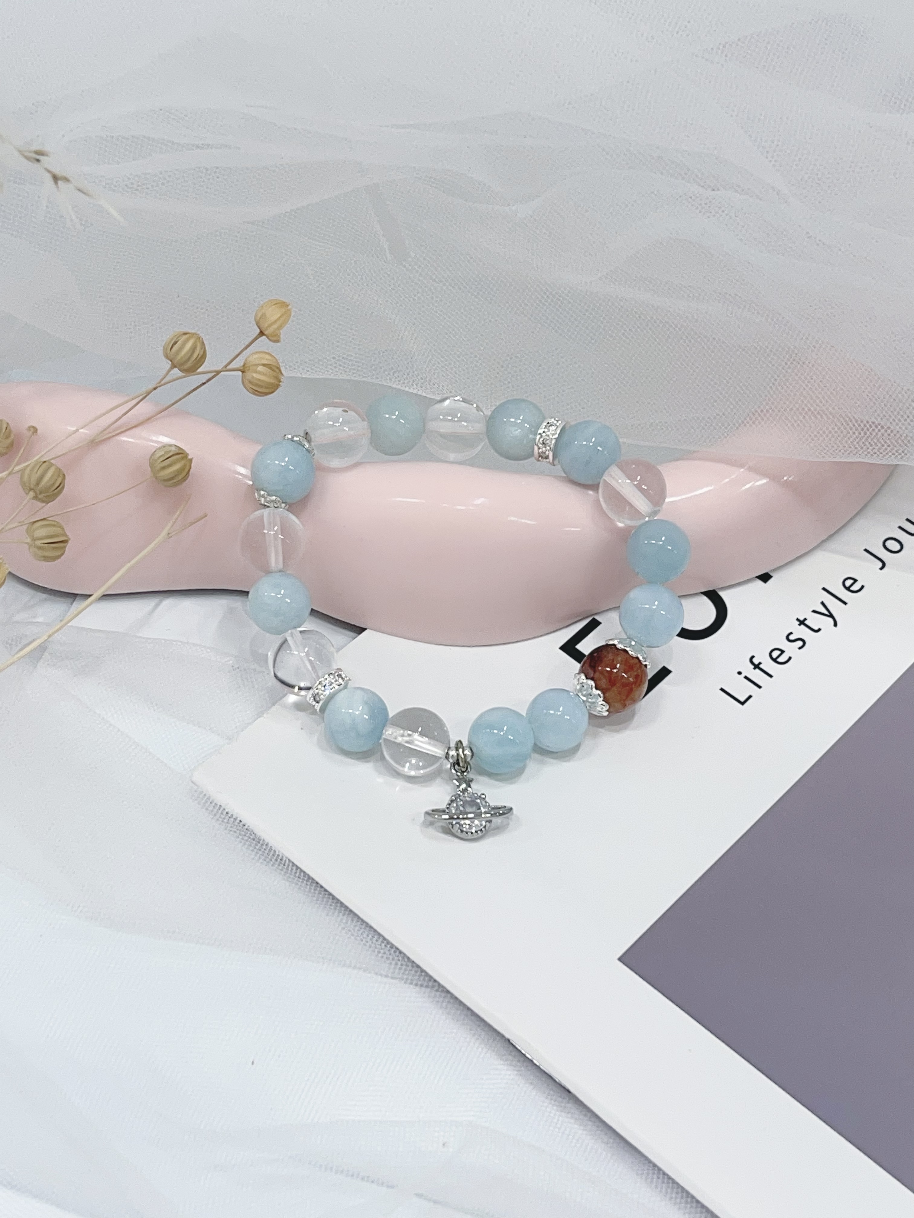 🌊 海蓝宝 × 白水晶 × 红胶花手串 Aquamarine & Clear Quartz & Red Agate｜10mm