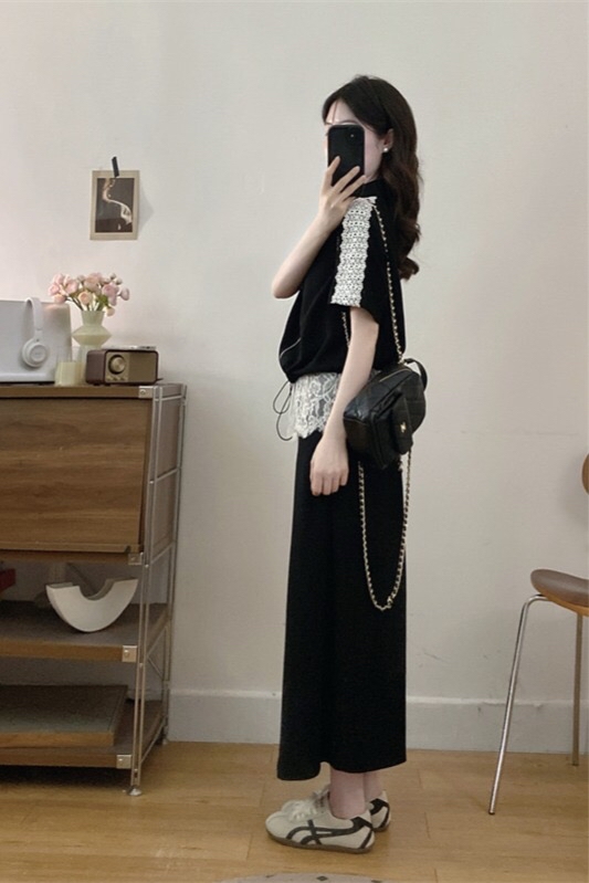 B205(3122) 法式时尚前排拉链拼肩袖蕾丝下摆束带上衣与蕾丝边长裙黑套装