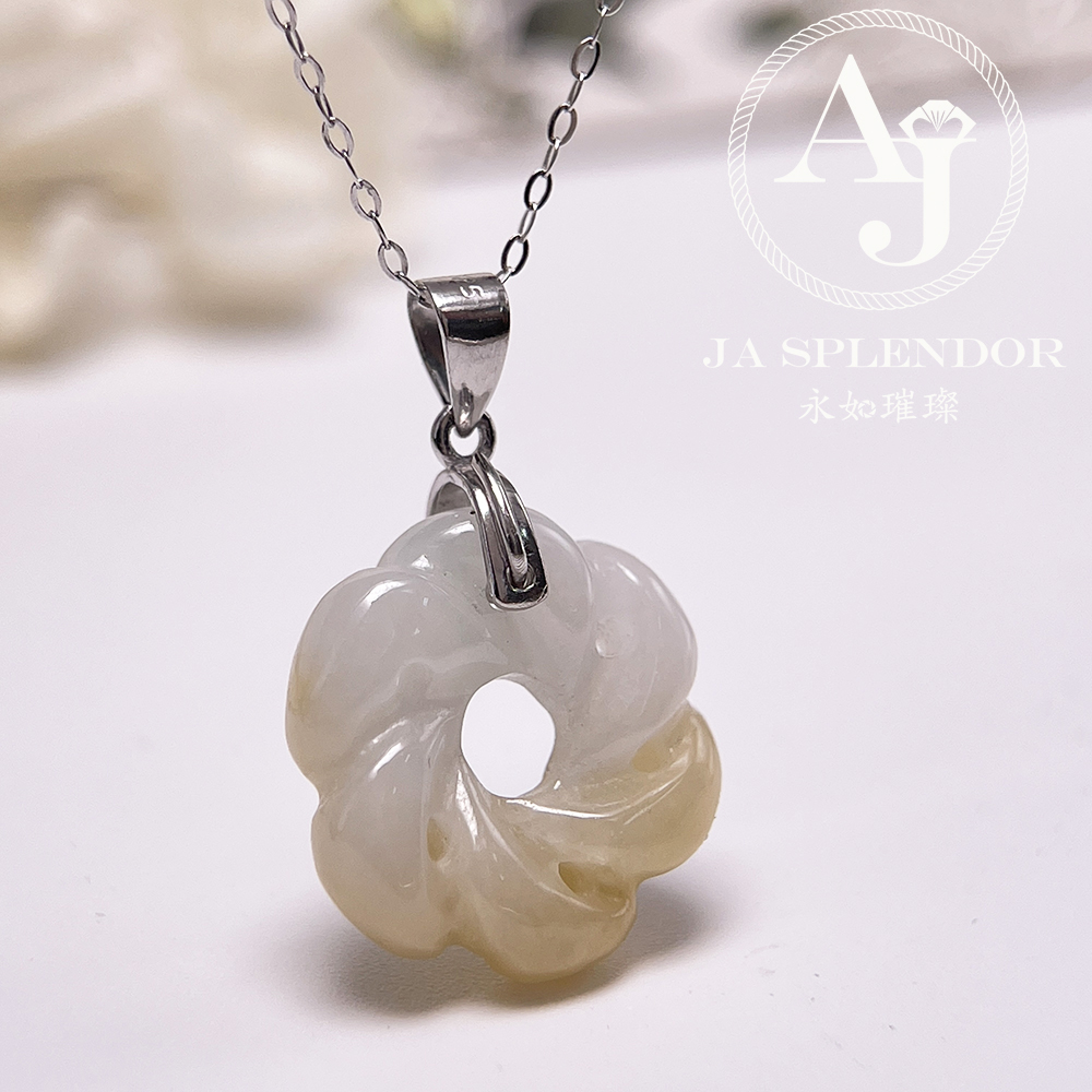 JN-2735 天然翡翠A玉-糖環花開富貴立體雕花吊墜（送銀鏈）