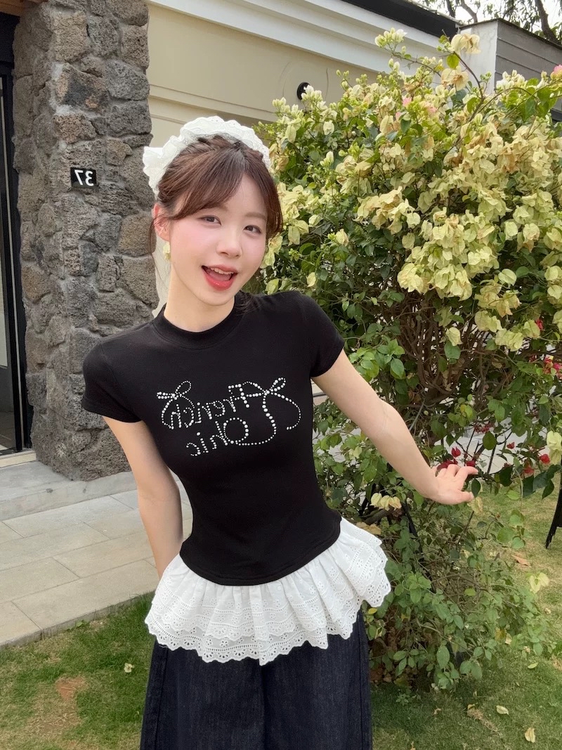 蕾丝下摆蝴蝶结烫砖花边短袖｜CN0129280BLACK