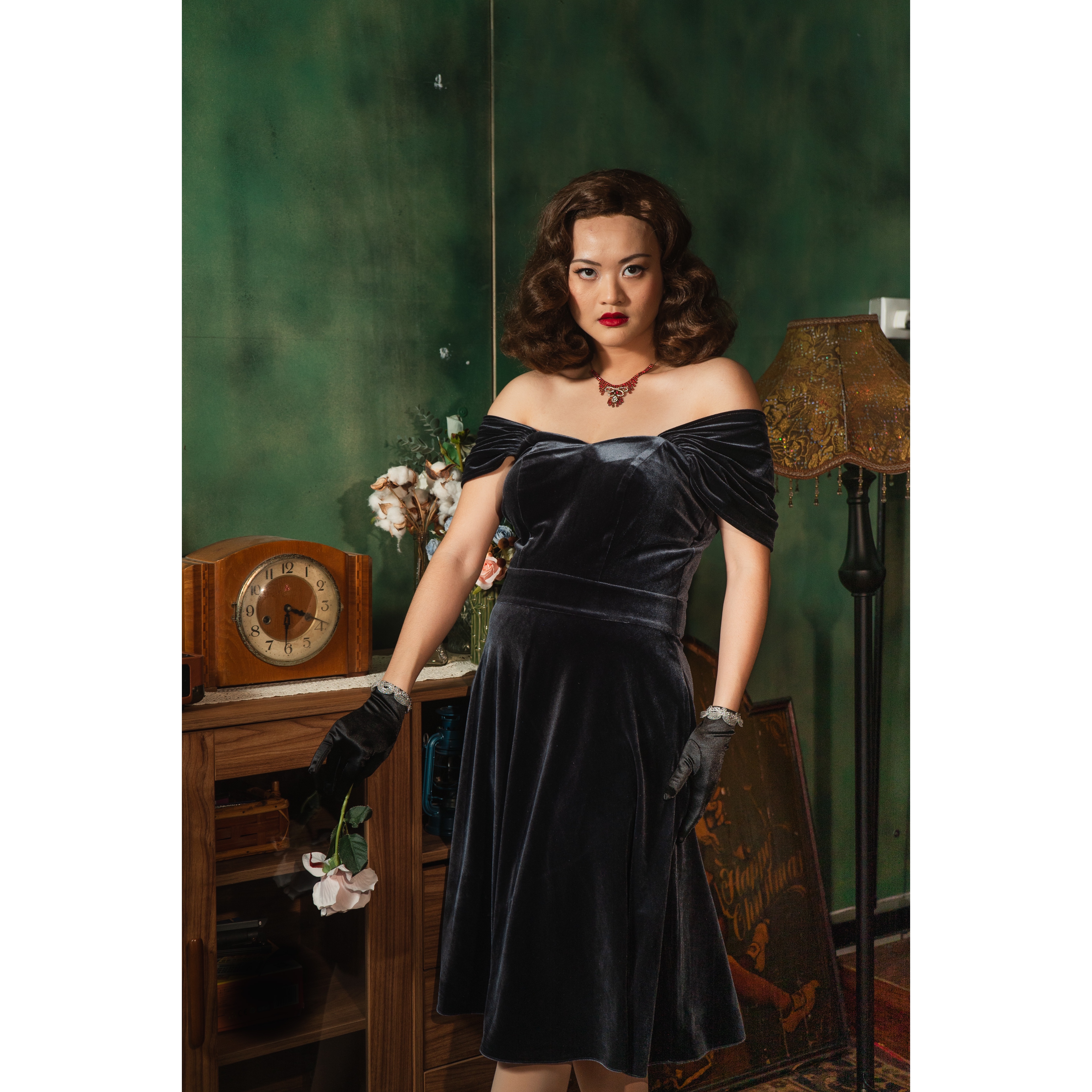 (Last L) Jewel Velvet Collection - On & Off Shoulder Evening Dress - Grey Moonstone (FM203)