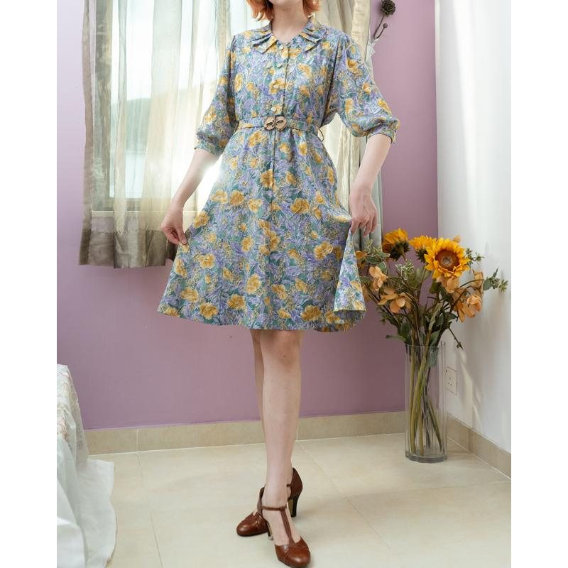 Vintage Japanese Floral Pleated Collar Chiffon Texture Day Dress with Original Belt (MT1840-19)