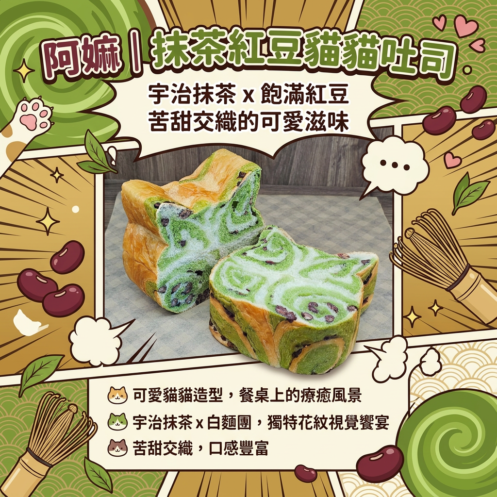 阿嫲｜抹茶紅豆貓貓吐司｜宇治抹茶 x 飽滿紅豆 苦甜交織的可愛滋味