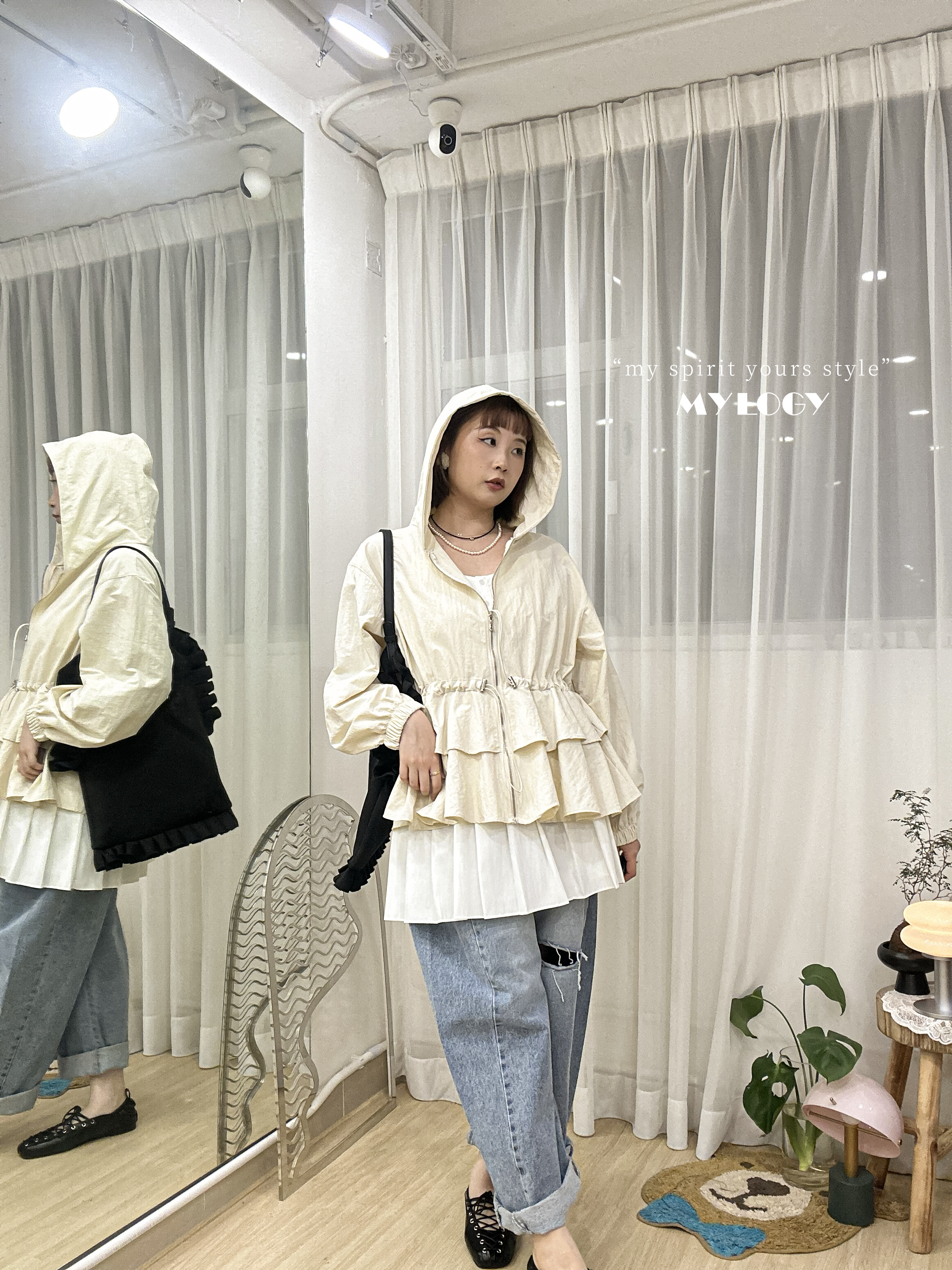非典型少甜～束腰索繩Double Ruffle連帽風衣 J0002 - 白色 Ivory