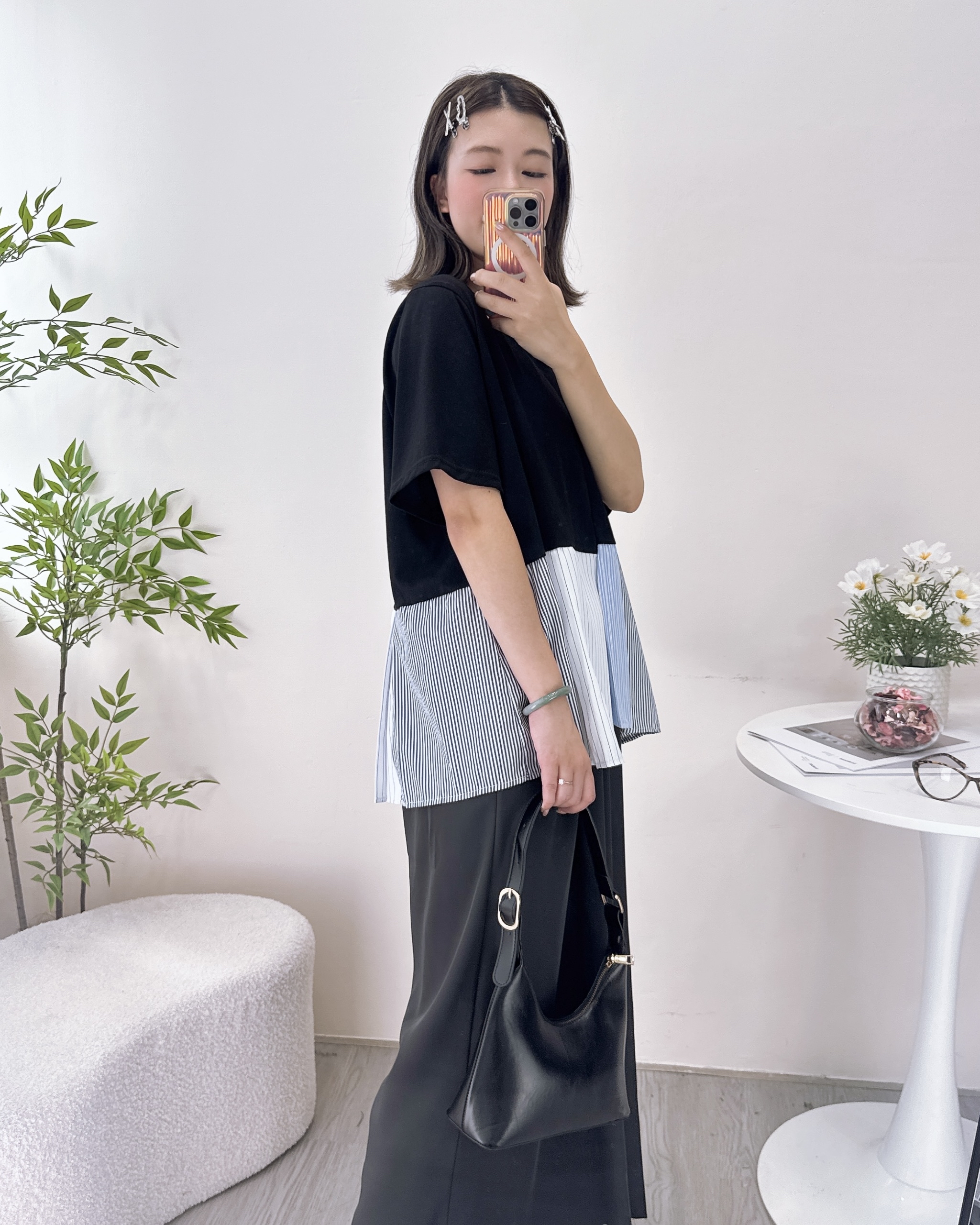 顯瘦拼摺條子布上衣 3色