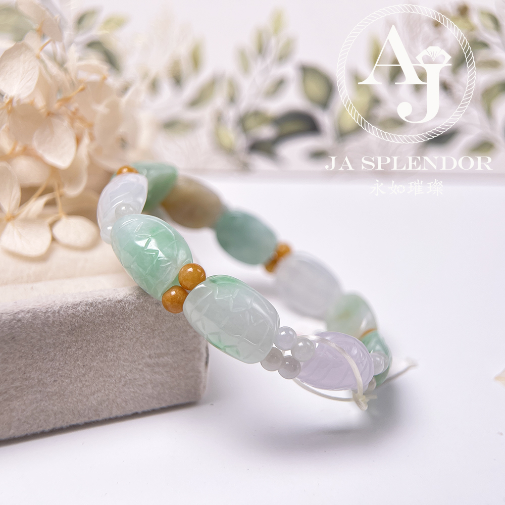OF-06-B 天然翡翠A玉 - 冰潤三彩長壽吉祥龜貝手串