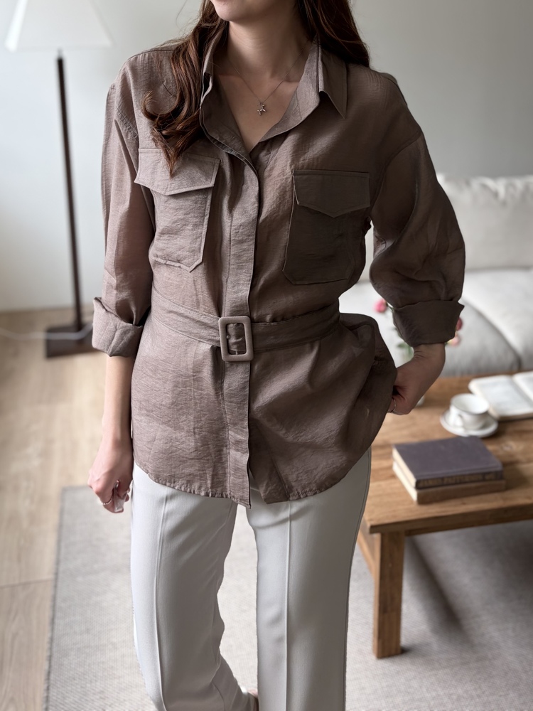 Feminine Belted Pocket Blouse (Brown)