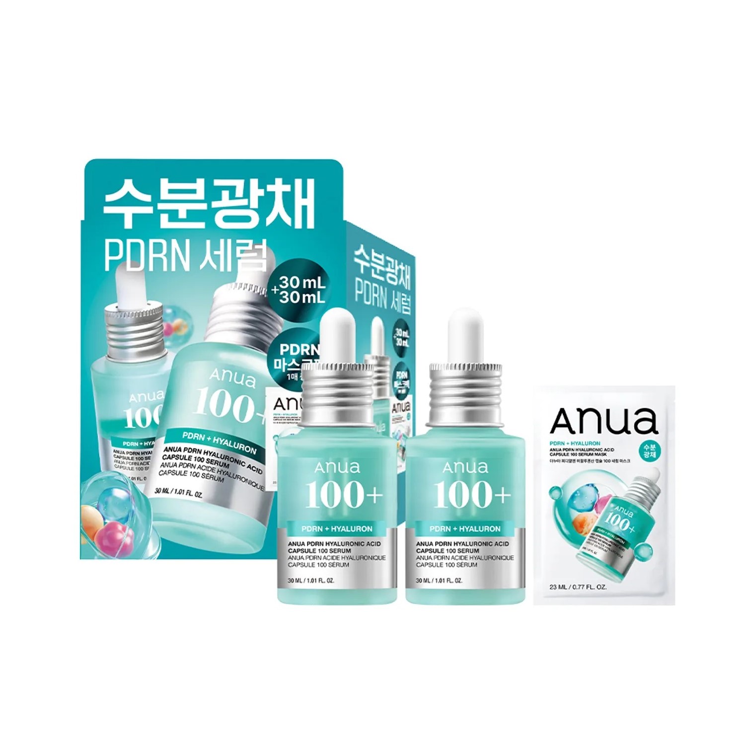 ANUA PDRN Hyaluronic Acid Capsule 100 Serum PDRN透明質酸膠囊100精華30ml+30ml+面膜1片 | Olive Young優惠套裝