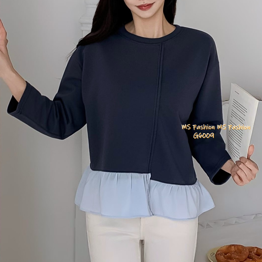 G6009 韓國🇰🇷拼色ruffle衫腳top