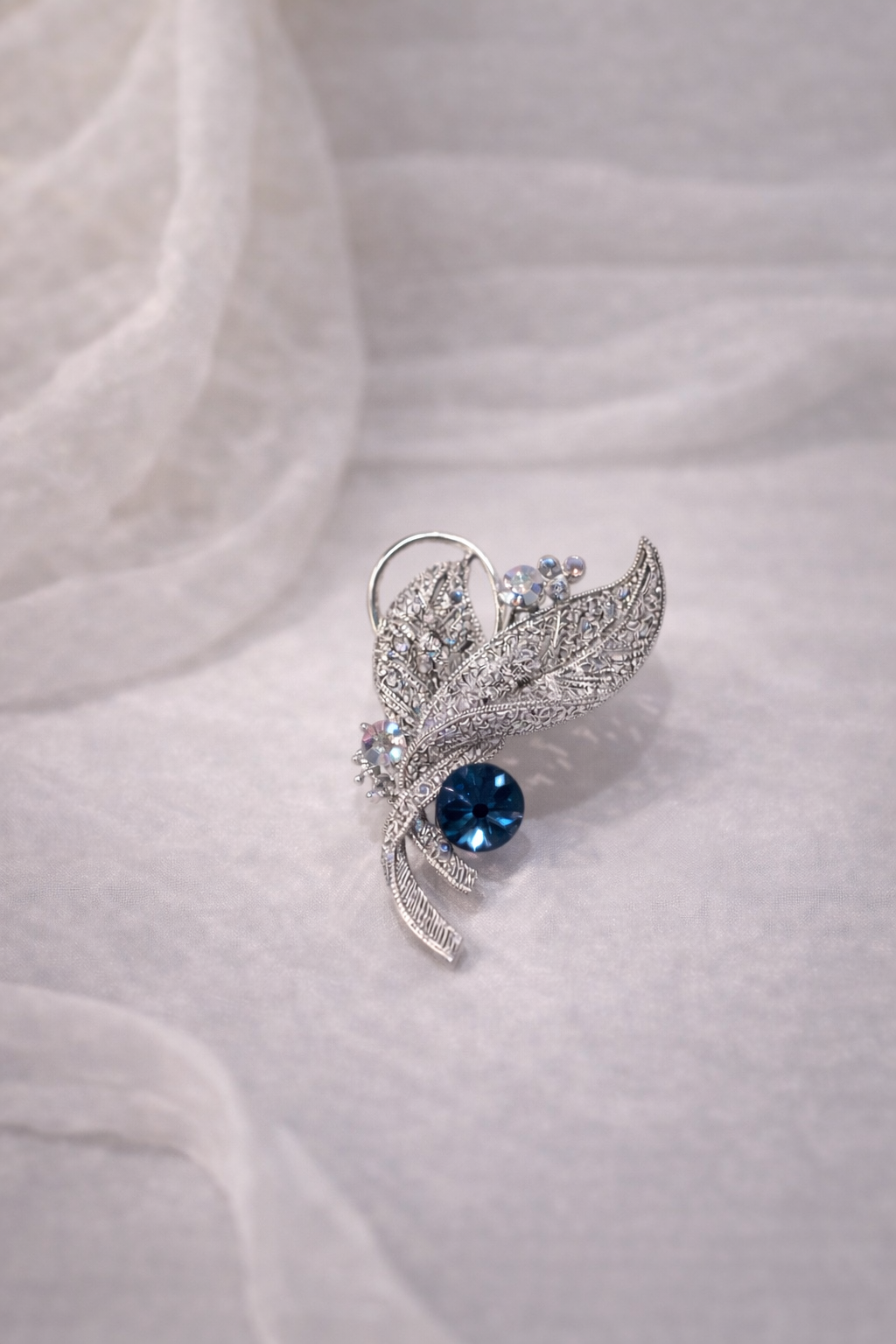 Swarovski Duo Leaves Brooch (Dark Blue Stone)