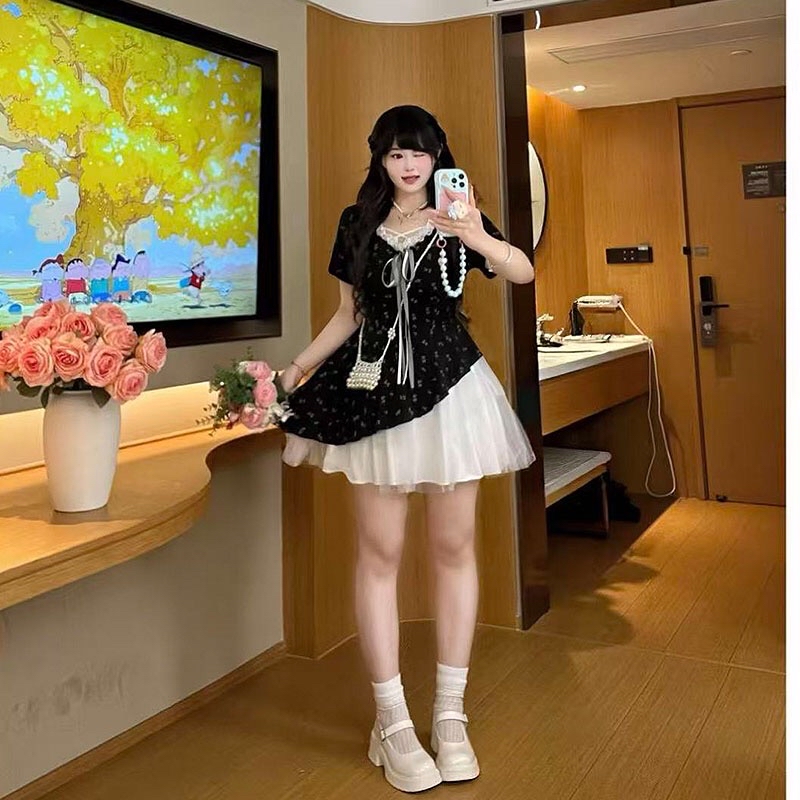 B220(11398短) 短款法式气质碎花拼下摆斜雪纺纱黑蓝连身裙