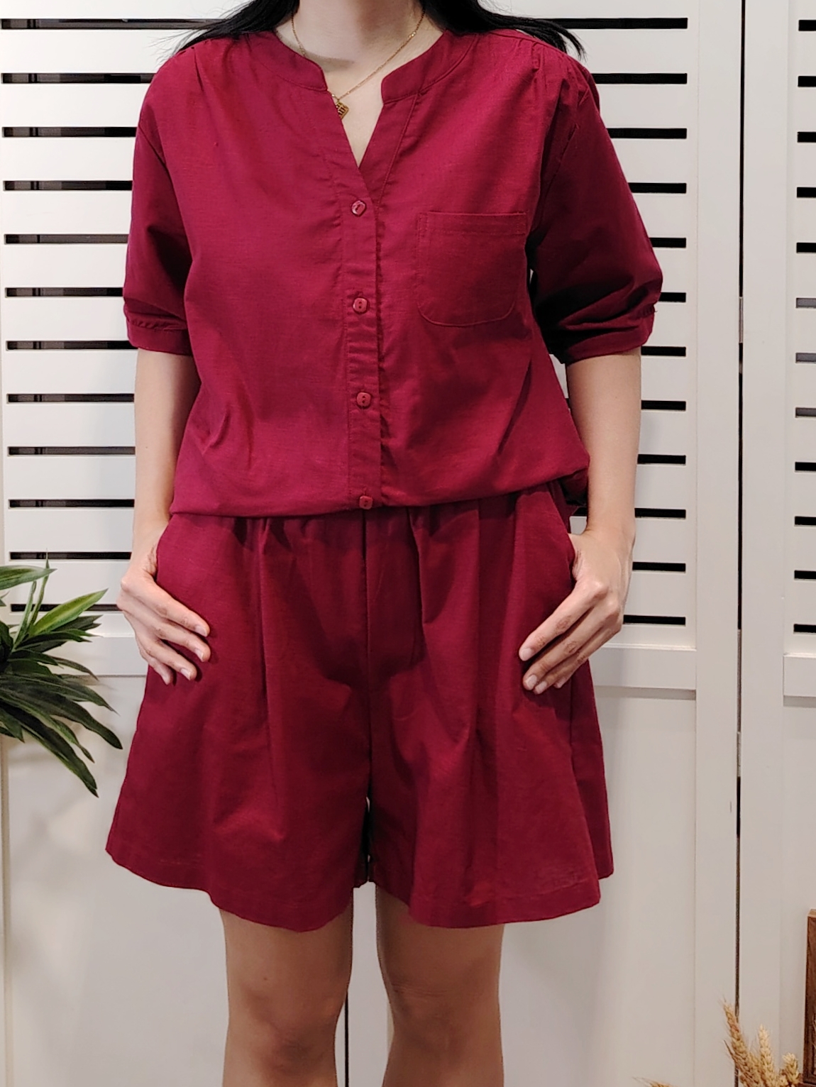 H9151 Cotton Linen Set Short Sleeve Shirt With Short Pant