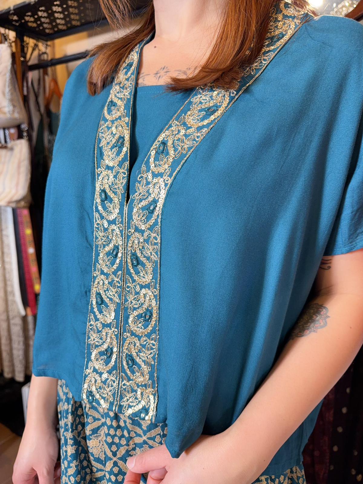 Peacock Blue V-Neck Emb. Top 20" #1497